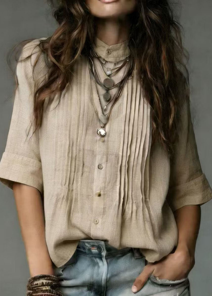 Vintage Beige Stand Collar Wrinkled Linen Shirt Tops Half Sleeve