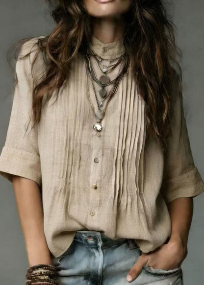 Vintage Beige Stand Collar Wrinkled Linen Shirt Tops Half Sleeve