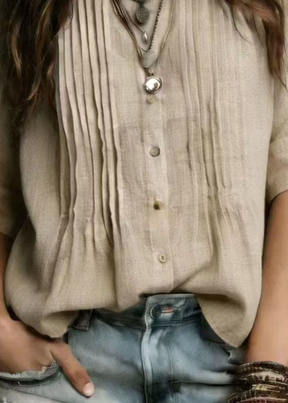 Vintage Beige Stand Collar Wrinkled Linen Shirt Tops Half Sleeve