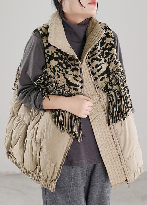 Vintage Beige Tasseled Patchwork Duck Down Winter down vest