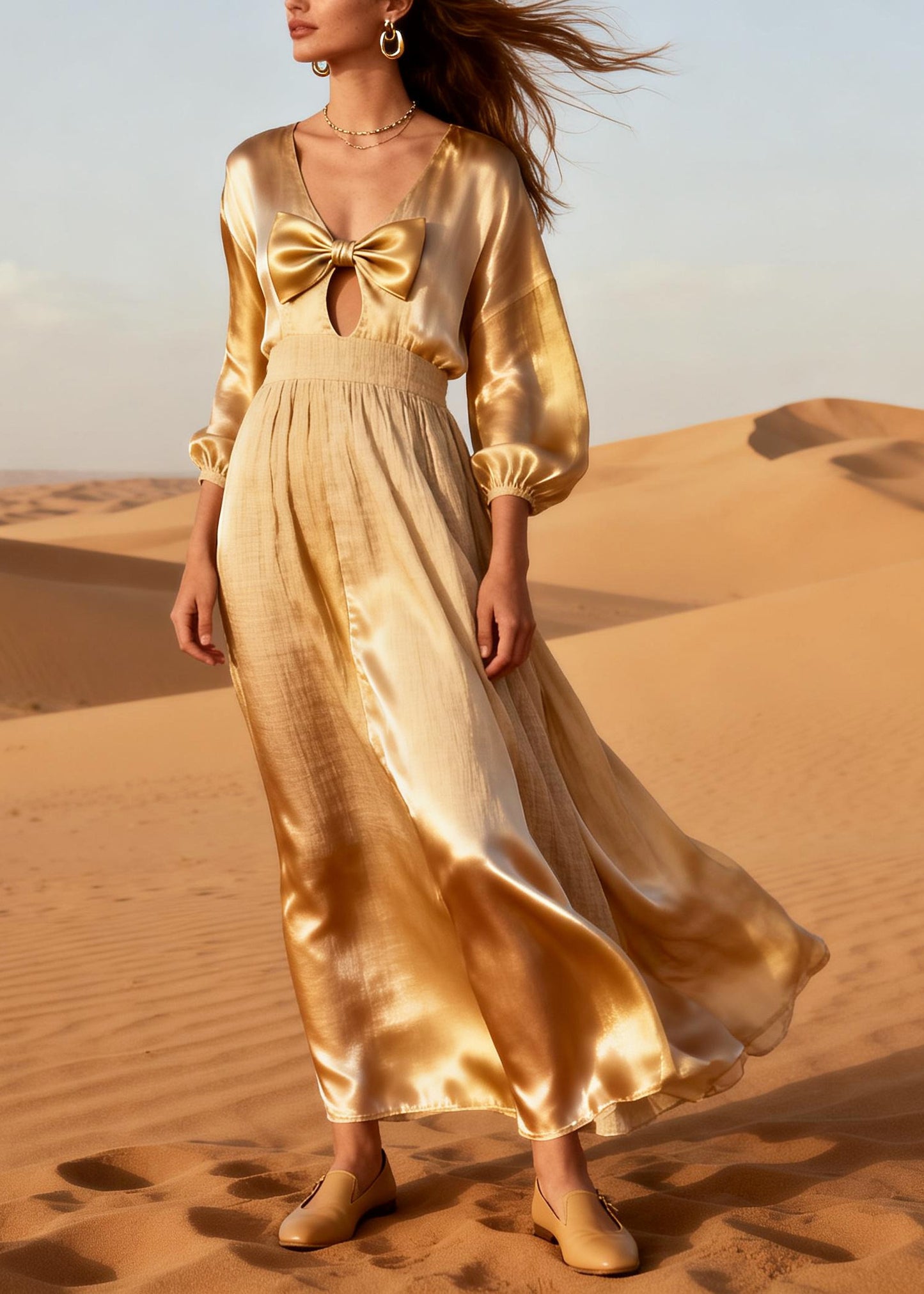Vintage Beige V Neck Bow Linen Silk Party Dress Summer