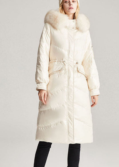 Vintage Beige White Fox collar drawstring Pockets slim fit Winter Duck Down Jackets