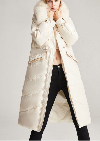 Vintage Beige White Fox collar drawstring Pockets slim fit Winter Duck Down Jackets