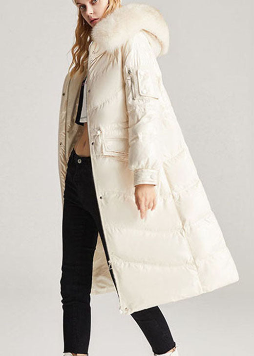 Vintage Beige White Fox collar drawstring Pockets slim fit Winter Duck Down Jackets