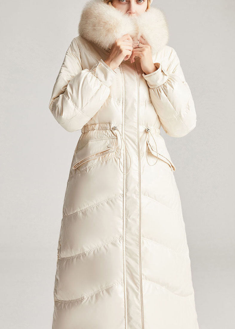 Vintage Beige White Fox collar drawstring Pockets slim fit Winter Duck Down Jackets