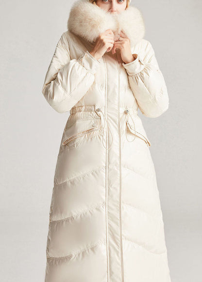 Vintage Beige White Fox collar drawstring Pockets slim fit Winter Duck Down Jackets