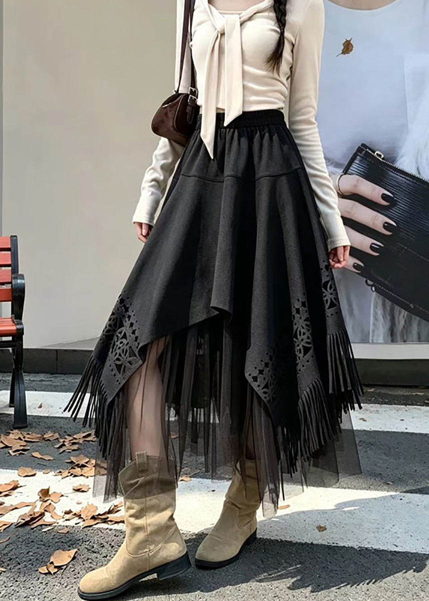 Vintage Black Asymmetrical Tassel Hollow Out Patchwork Faux Suede Skirts Fall