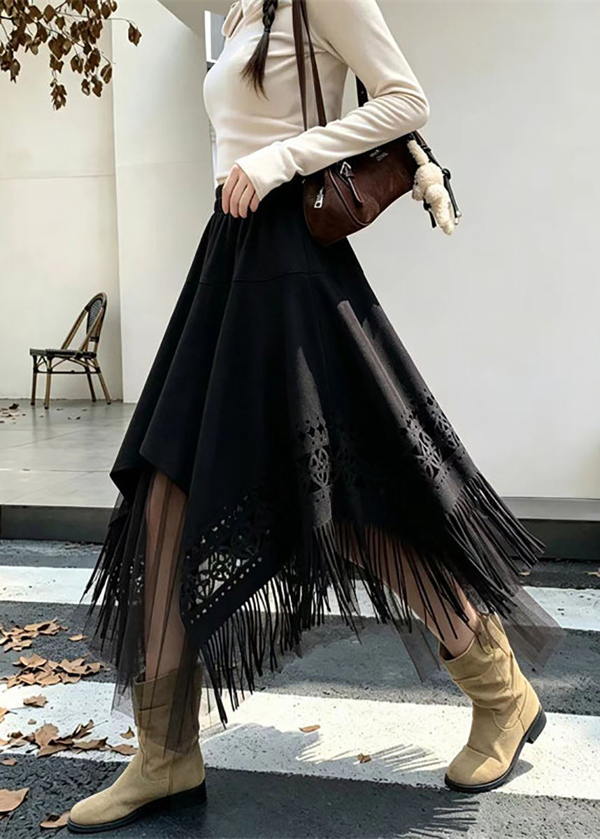 Vintage Black Asymmetrical Tassel Hollow Out Patchwork Faux Suede Skirts Fall