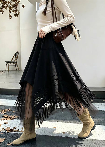 Vintage Black Asymmetrical Tassel Hollow Out Patchwork Faux Suede Skirts Fall