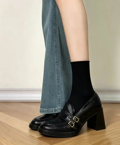 Vintage Black Buckle Strap Faux Leather Chunky Heel Loafers