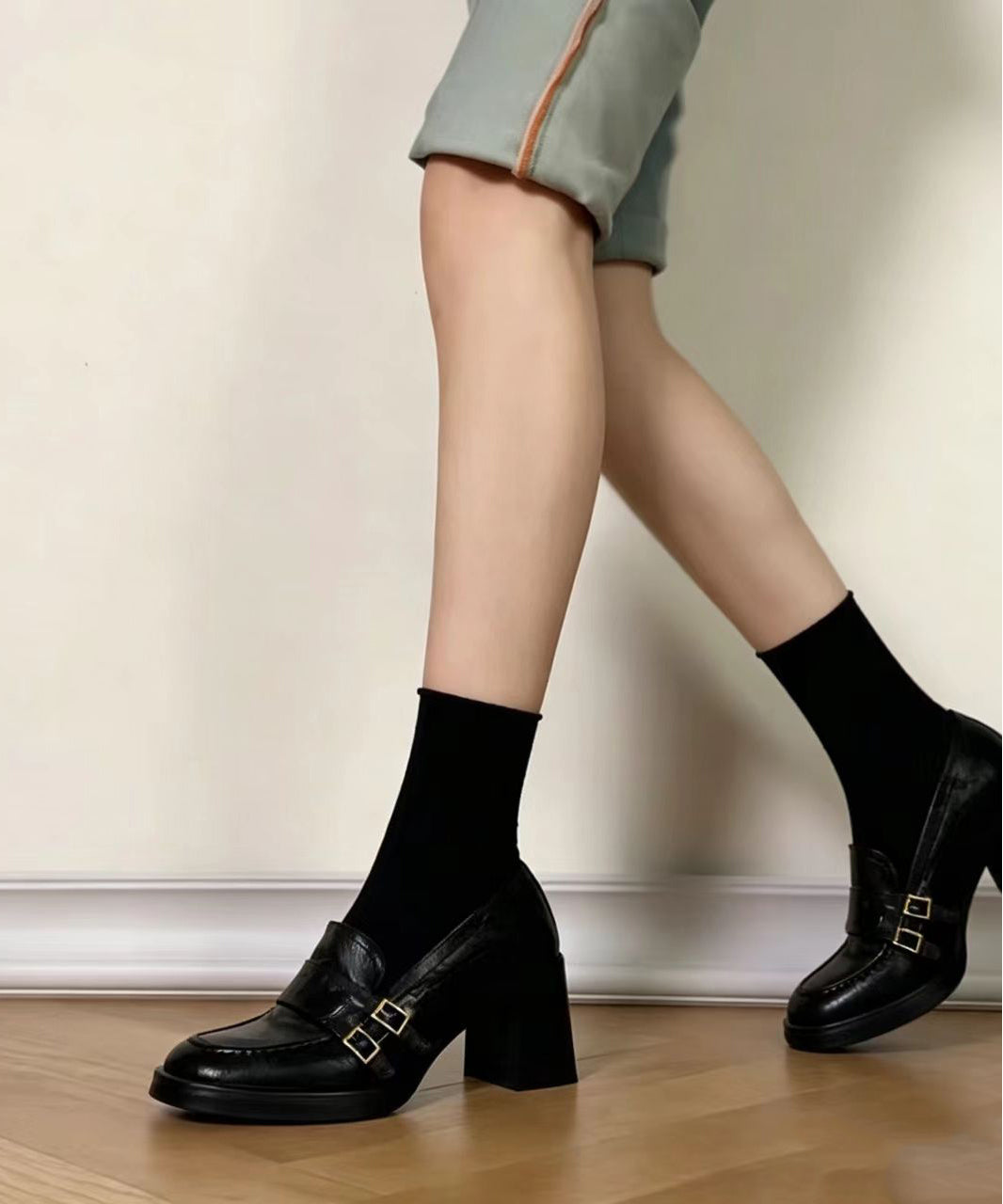 Vintage Black Buckle Strap Faux Leather Chunky Heel Loafers