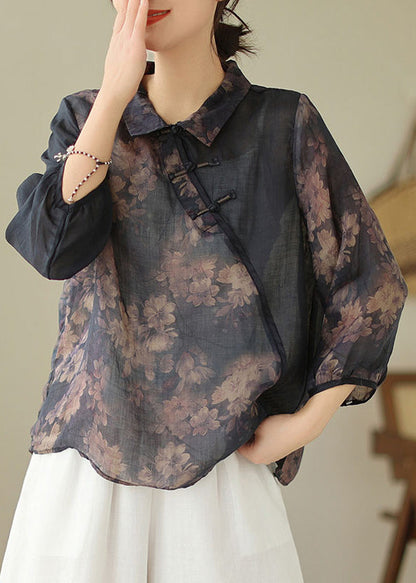 Vintage Black Button Print Patchwork Linen Top Bracelet Sleeve