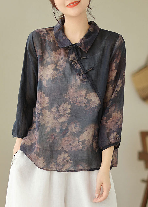 Vintage Black Button Print Patchwork Linen Top Bracelet Sleeve