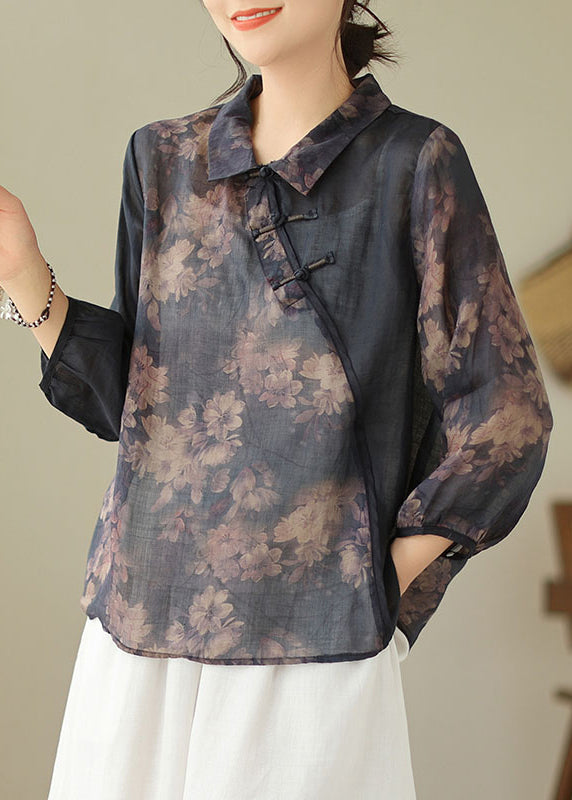 Vintage Black Button Print Patchwork Linen Top Bracelet Sleeve