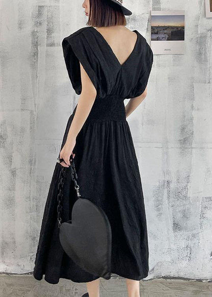 Vintage Black Cinched V Neck Sleeveless Summer Maxi Dresses - SooLinen