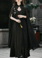 Vintage Black Embroidered Cape And Spaghetti Strap Dress Silk 2 Piece Outfit Spring