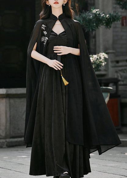 Vintage Black Embroidered Cape And Spaghetti Strap Dress Silk 2 Piece Outfit Spring