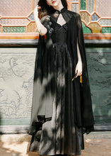 Load image into Gallery viewer, Vintage Black Embroidered Cape And Spaghetti Strap Dress Silk 2 Piece Outfit Spring