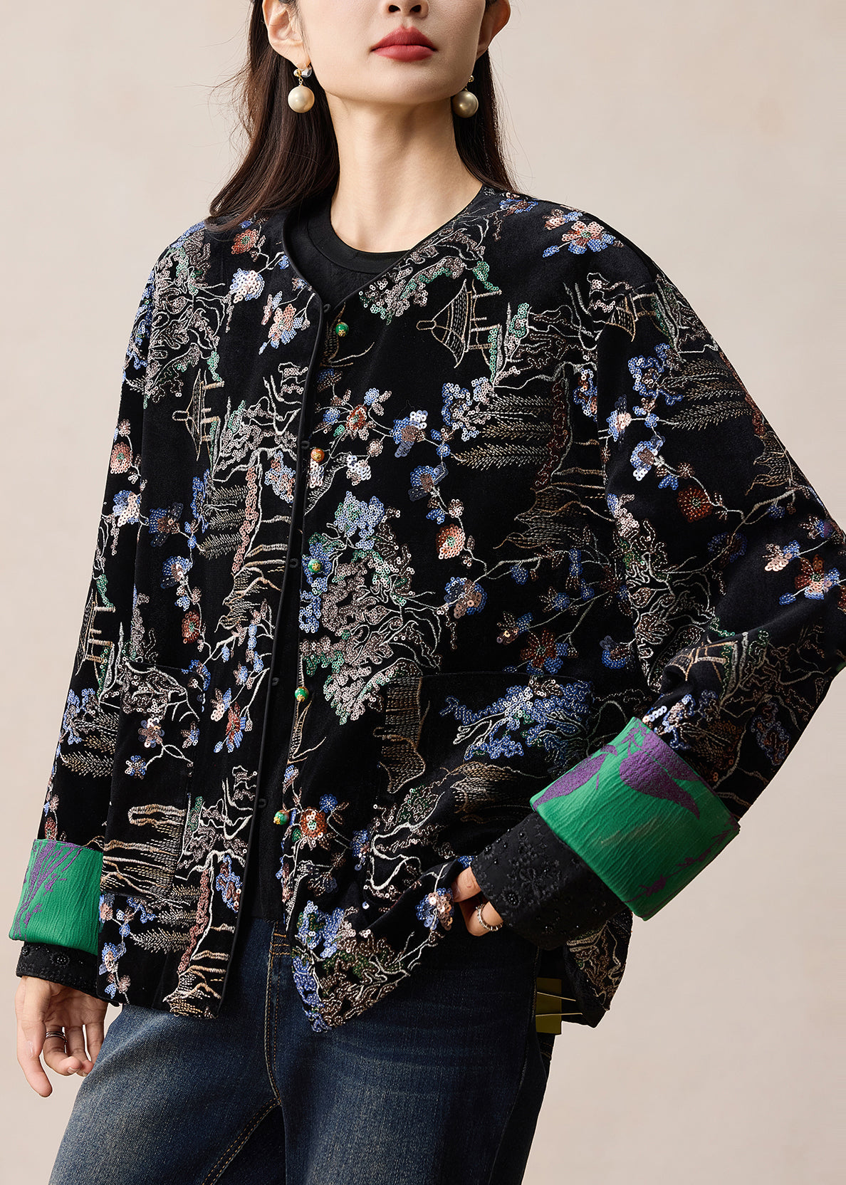 Vintage Black Embroidered Sequins Silk Velvet Coats Winter