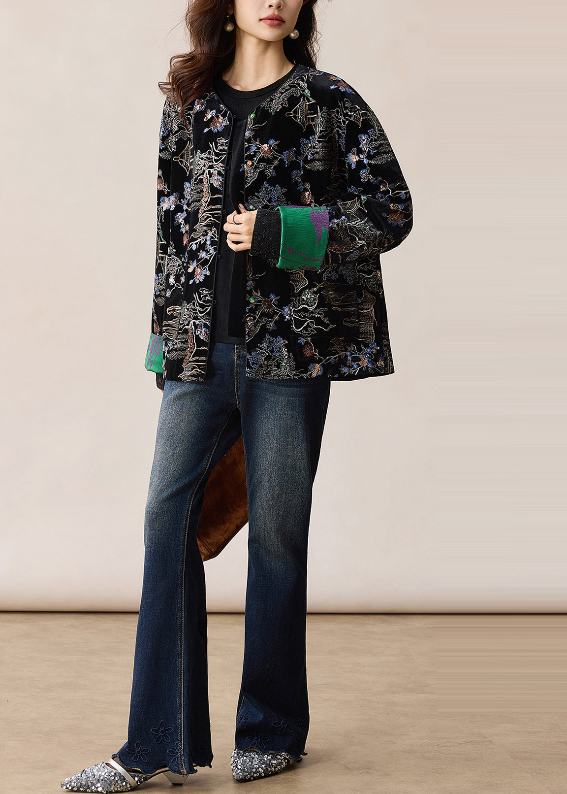 Vintage Black Embroidered Sequins Silk Velvet Coats Winter