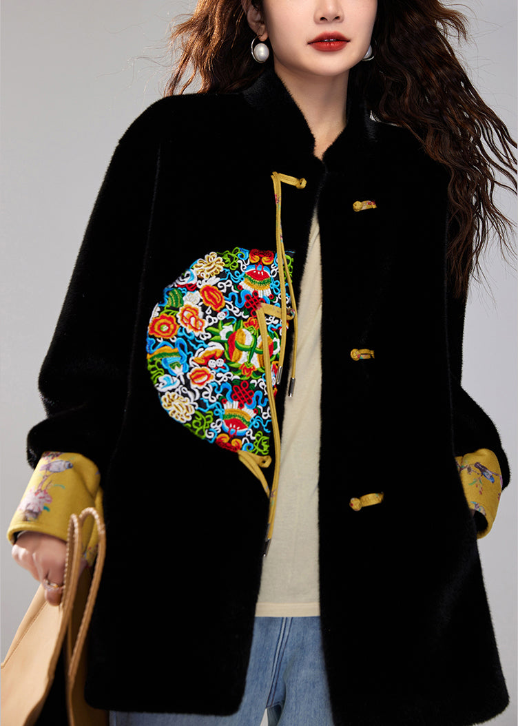 Vintage Black Embroidered Tasseled Faux Mink Velvet Coats Winter
