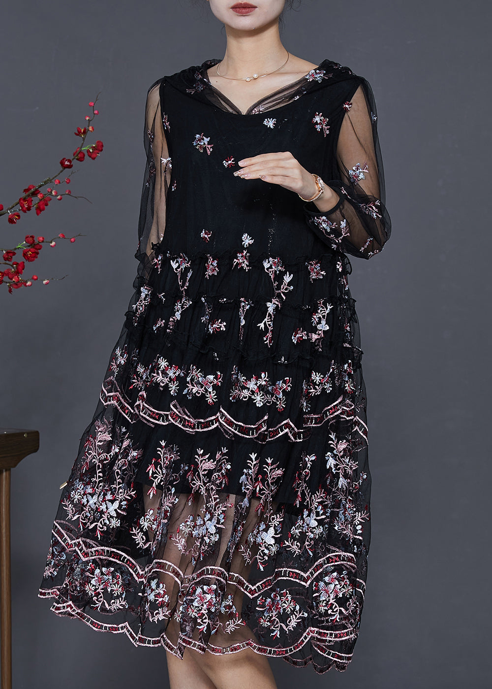 Vintage Black Embroidered Tulle Beach Dresses Summer