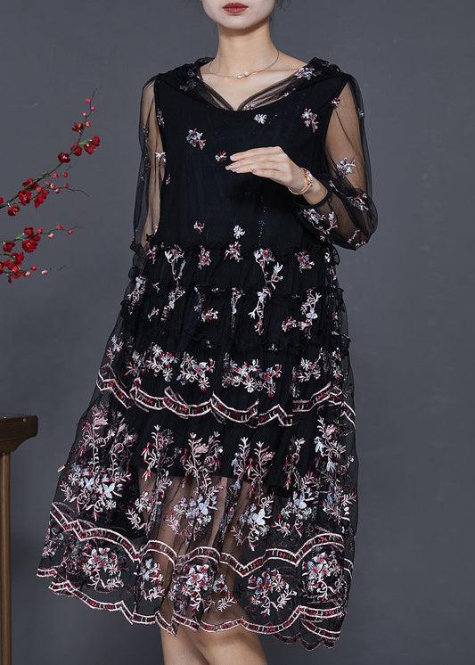 Vintage Black Embroidered Tulle Beach Dresses Summer