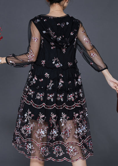 Vintage Black Embroidered Tulle Beach Dresses Summer