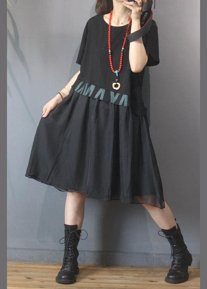 Vintage Black Graphic Patchwork Green Dress Summer - SooLinen