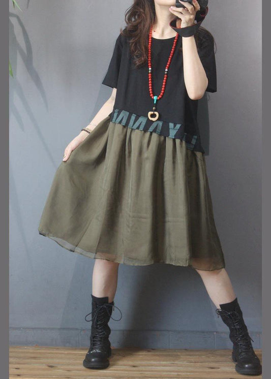 Vintage Black Graphic Patchwork Green Dress Summer - SooLinen