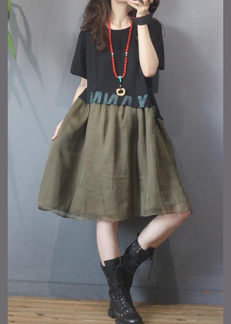Vintage Black Graphic Patchwork Green Dress Summer - SooLinen