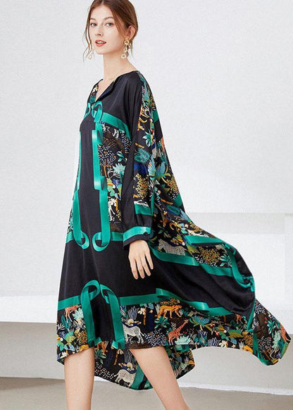Vintage Black Green V Neck Print Fall Long Dresses - SooLinen