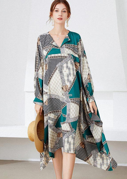 Vintage Black Green V Neck Print Fall Long Dresses - SooLinen