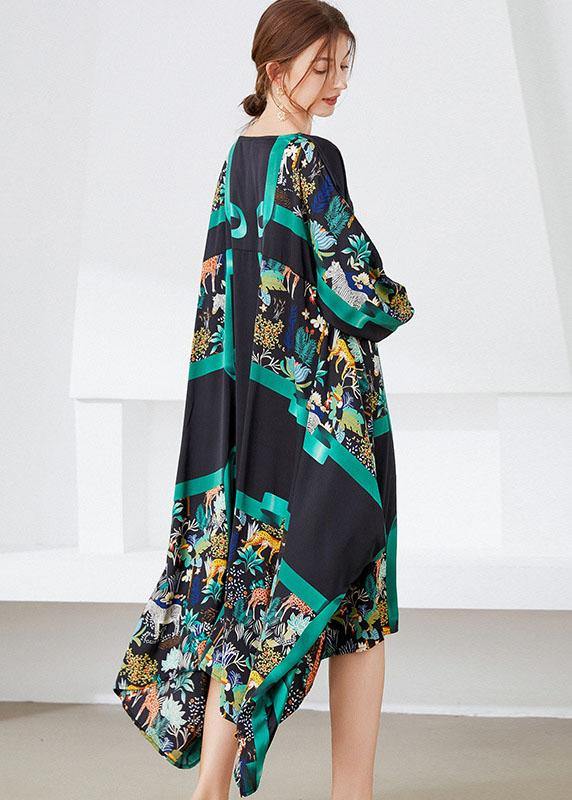 Vintage Black Green V Neck Print Fall Long Dresses - SooLinen