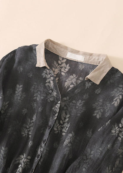 Vintage Black Grey Peter Pan Collar Drawstring Print Linen Holiday Dress Half Sleeve