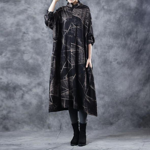 Vintage Black High Neck Cotton Base Baggy Dresses For Women