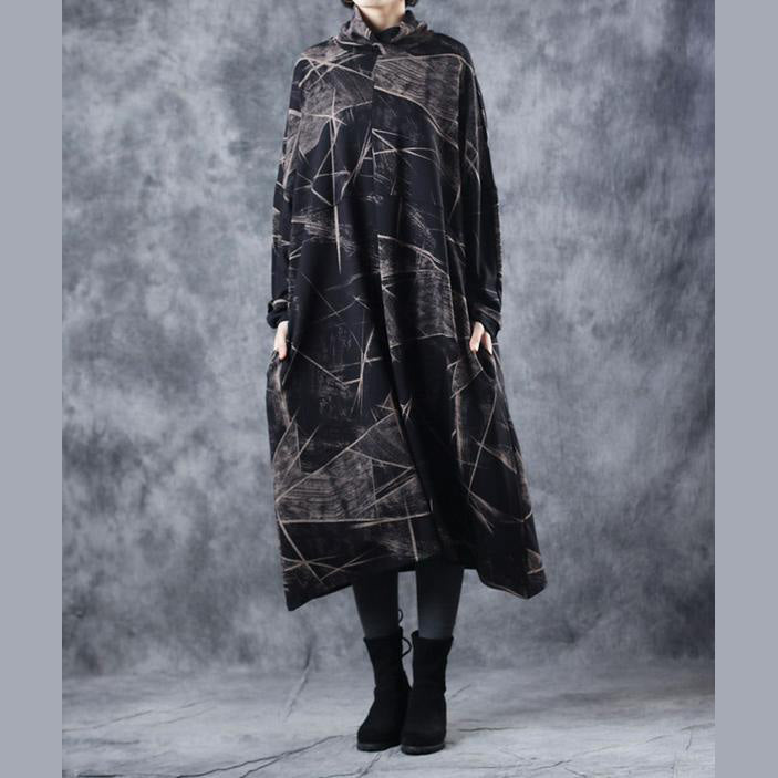 Vintage Black High Neck Cotton Base Baggy Dresses For Women