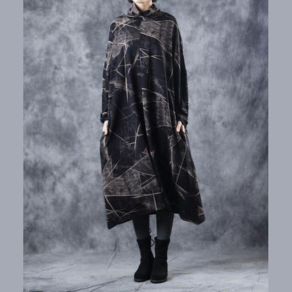 Vintage Black High Neck Cotton Base Baggy Dresses For Women