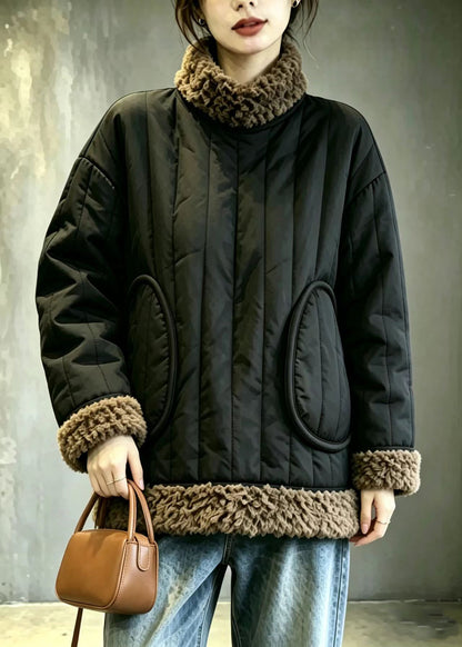 Vintage Black Hign Neck Fleece Trim Cotton Filled Winter Coat