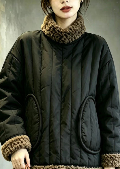 Vintage Black Hign Neck Fleece Trim Cotton Filled Winter Coat