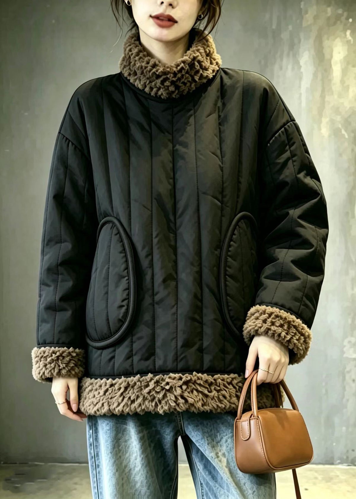 Vintage Black Hign Neck Fleece Trim Cotton Filled Winter Coat