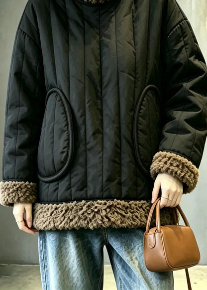 Vintage Black Hign Neck Fleece Trim Cotton Filled Winter Coat
