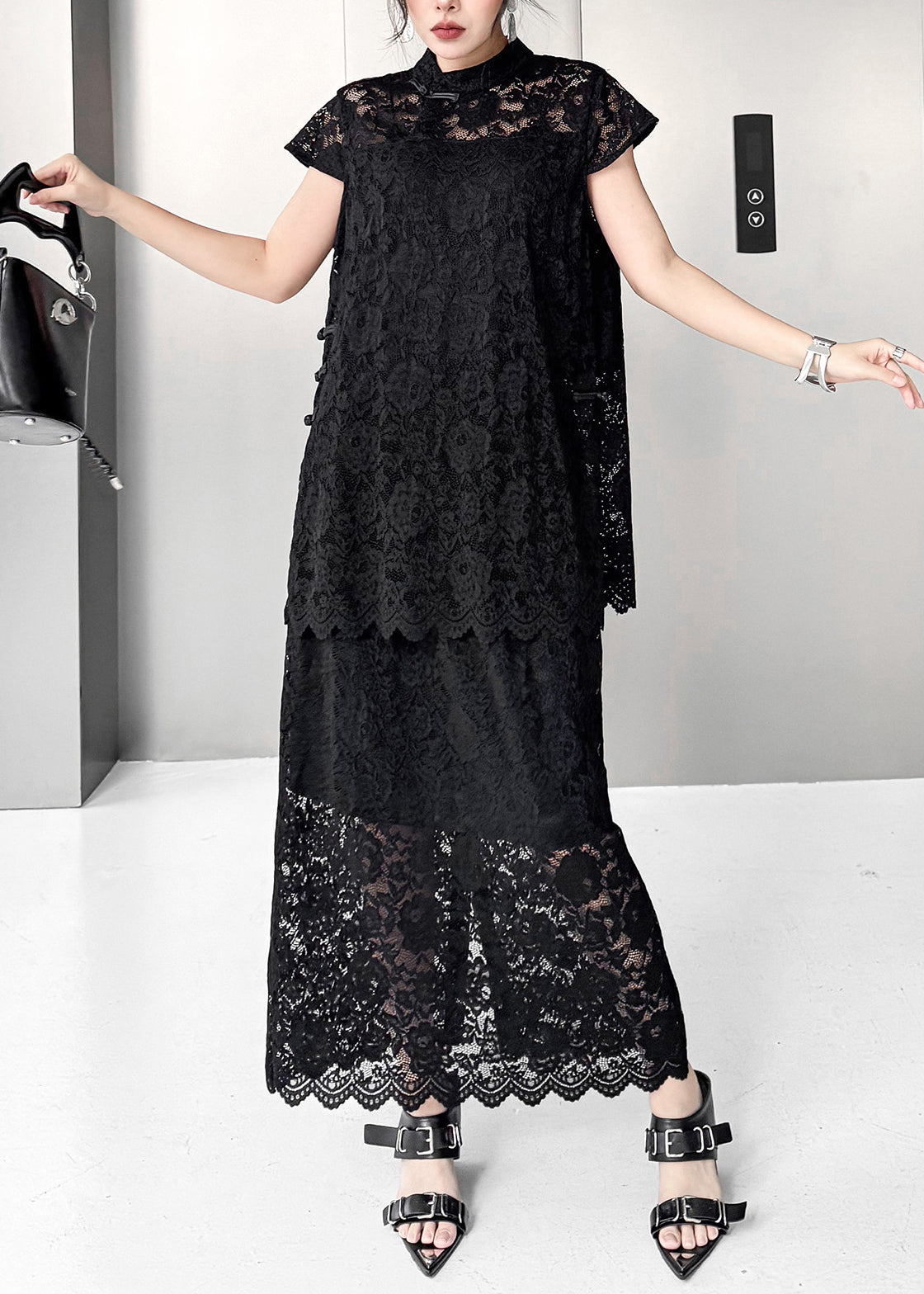 Vintage Black Hollow Out Chinese Button Lace Two Pieces Set Summer