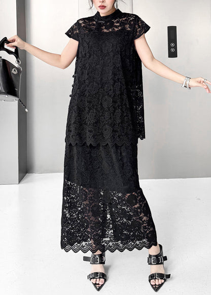 Vintage Black Hollow Out Chinese Button Lace Two Pieces Set Summer