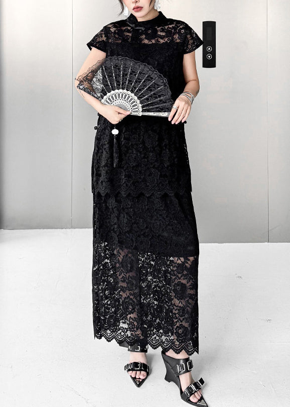 Vintage Black Hollow Out Chinese Button Lace Two Pieces Set Summer