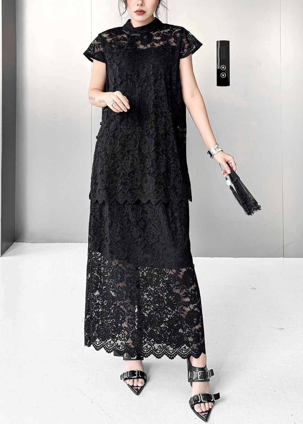Vintage Black Hollow Out Chinese Button Lace Two Pieces Set Summer