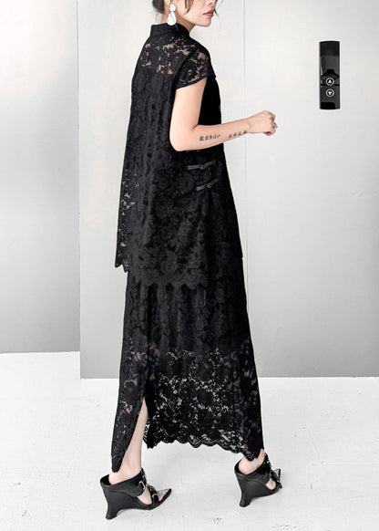 Vintage Black Hollow Out Chinese Button Lace Two Pieces Set Summer