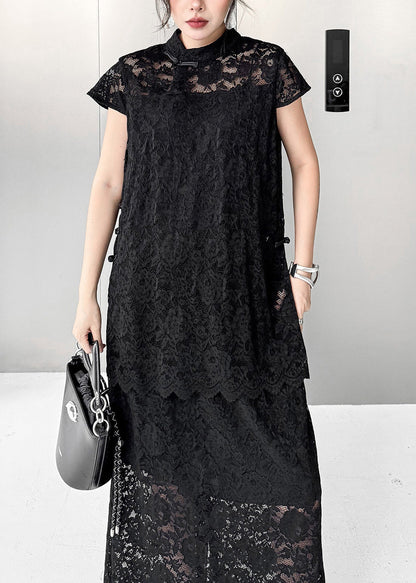 Vintage Black Hollow Out Chinese Button Lace Two Pieces Set Summer