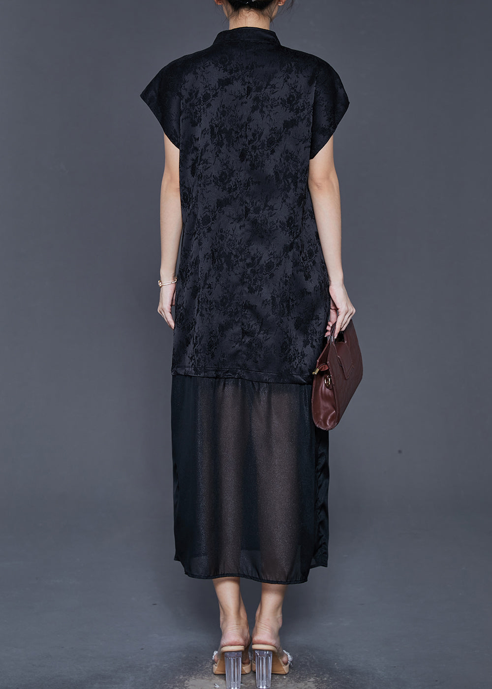 Vintage Black Jacquard Patchwork Bow Silk Dress Summer