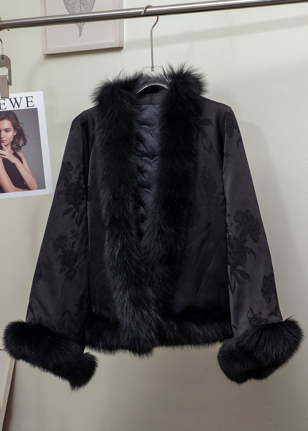 Vintage Black Jacquard Patchwork Fox Fur Duck Down Coat Winter